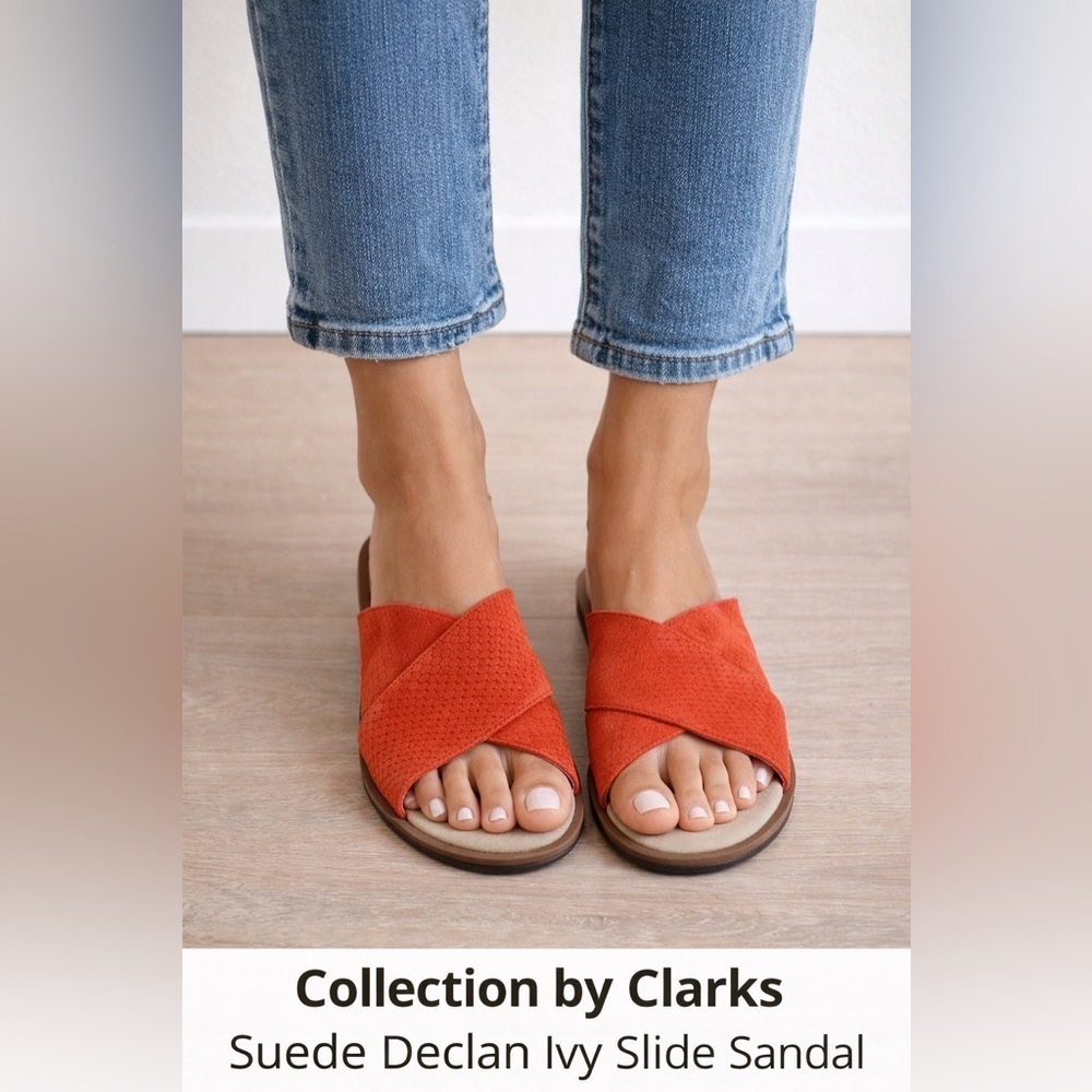 Clarks Declan Ivy Slide Sandals Orange Suede Criss Cross Comfort Slides